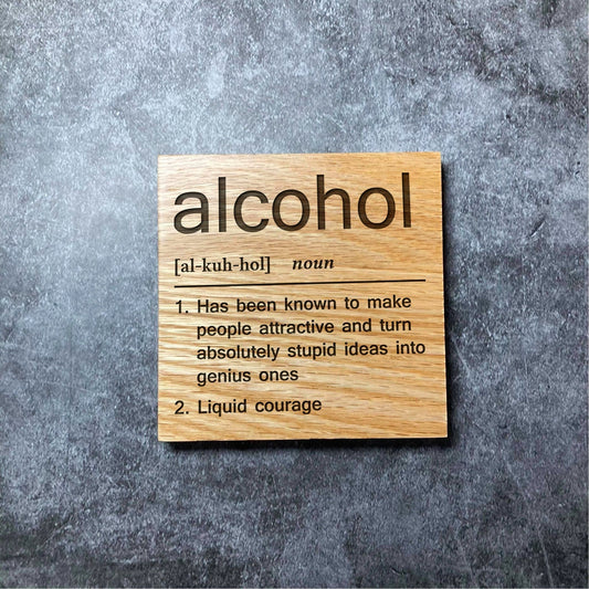 Alcohol Definition Coaster - Deluxe Varnished Oak Wood - Funny Dictionary Word Meaning - Laser Engraved Square Wood Coasters - Home Decor