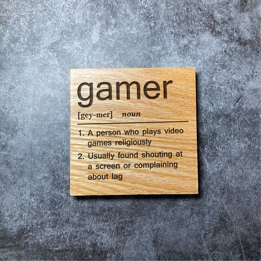 Gamer Definition Coaster - Deluxe Varnished Oak Wood - Funny Dictionary Word Meaning - Laser Engraved Square Wood Coasters - Home Decor