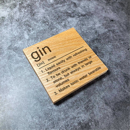 Gin Definition Coaster - Deluxe Varnished Oak Wood - Funny Dictionary Word Meaning - Laser Engraved Square Wood Coasters - Home Decor