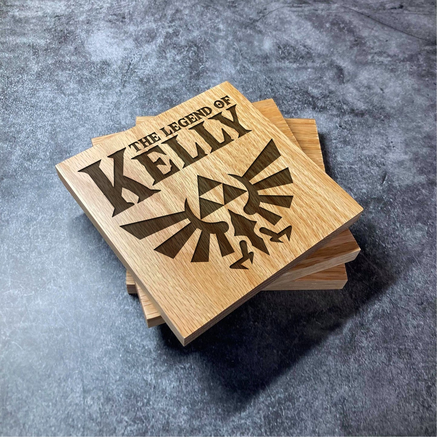 Custom Zelda Coaster - The Legend Of YOUR NAME - Deluxe Varnished Oak Wood - Personalised Laser Engraved Square Wood Coasters