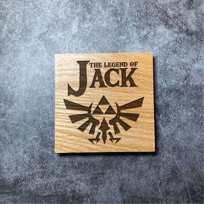 Custom Zelda Coaster - The Legend Of YOUR NAME - Deluxe Varnished Oak Wood - Personalised Laser Engraved Square Wood Coasters