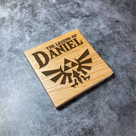 Custom Zelda Coaster - The Legend Of YOUR NAME - Deluxe Varnished Oak Wood - Personalised Laser Engraved Square Wood Coasters