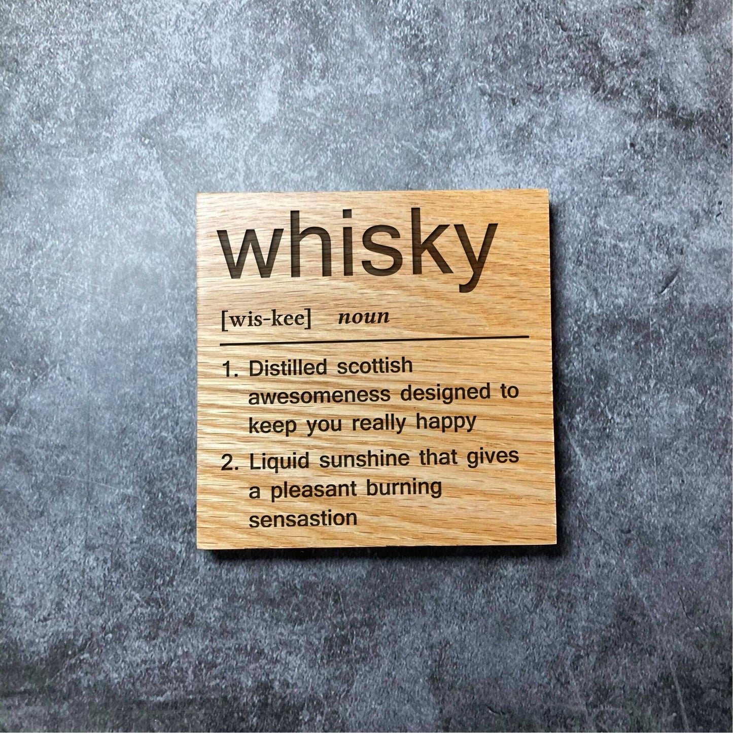 Whisky Definition Coaster - Deluxe Varnished Oak Wood - Funny Dictionary Word Meaning - Laser Engraved Square Wood Coasters - Home Decor