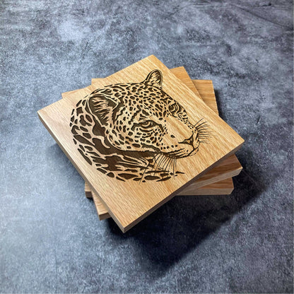 Realistic Leopard Coaster - Deluxe Varnished Oak - Nature Animal Big Cat Jungle - Laser Engraved Square Wood Coasters