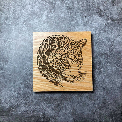 Realistic Leopard Coaster - Deluxe Varnished Oak - Nature Animal Big Cat Jungle - Laser Engraved Square Wood Coasters