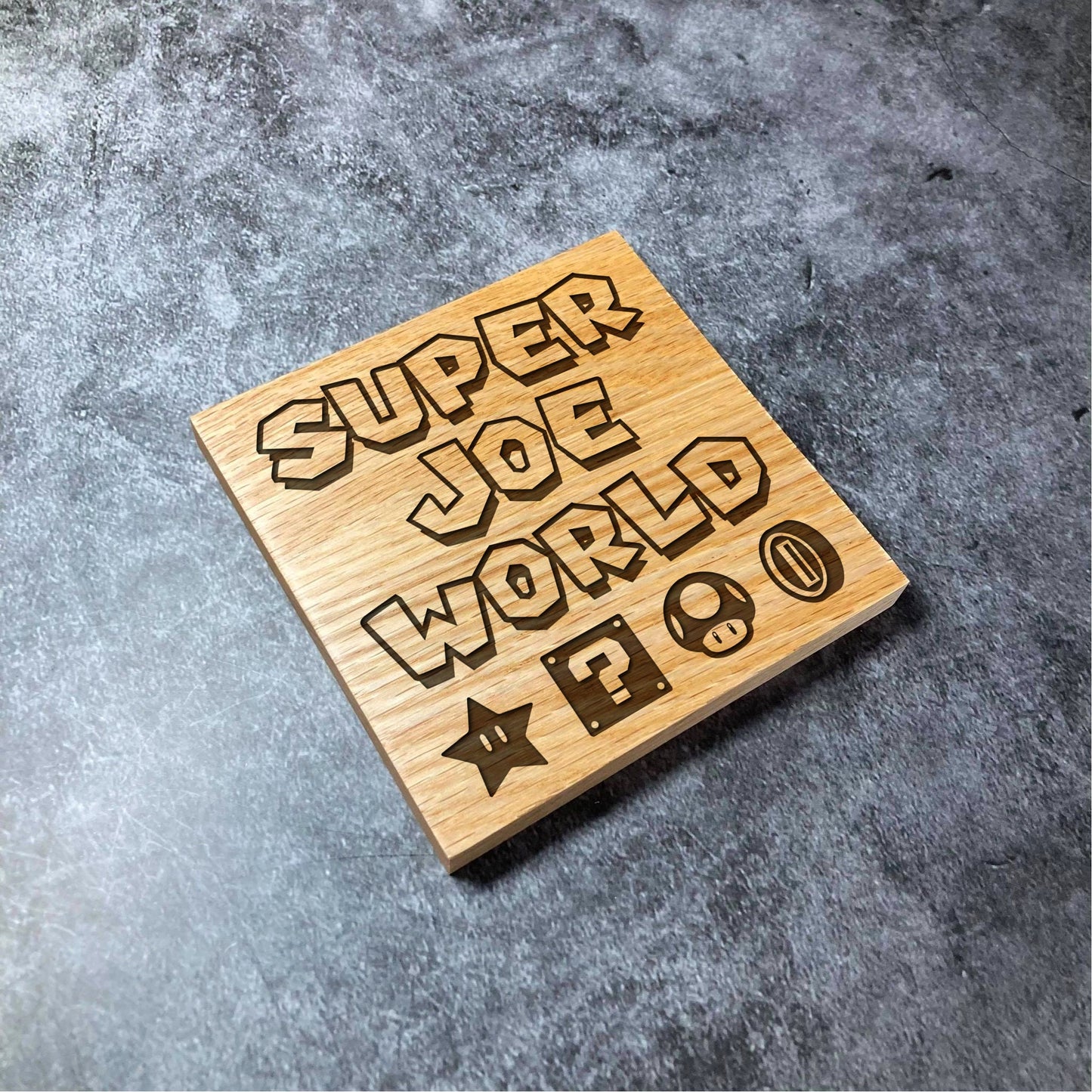 Custom Super Mario Coaster - YOUR NAME - Deluxe Varnished Oak Wood - Personalised Super Mario World Laser Engraved Square Wood Coasters