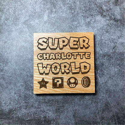 Custom Super Mario Coaster - YOUR NAME - Deluxe Varnished Oak Wood - Personalised Super Mario World Laser Engraved Square Wood Coasters