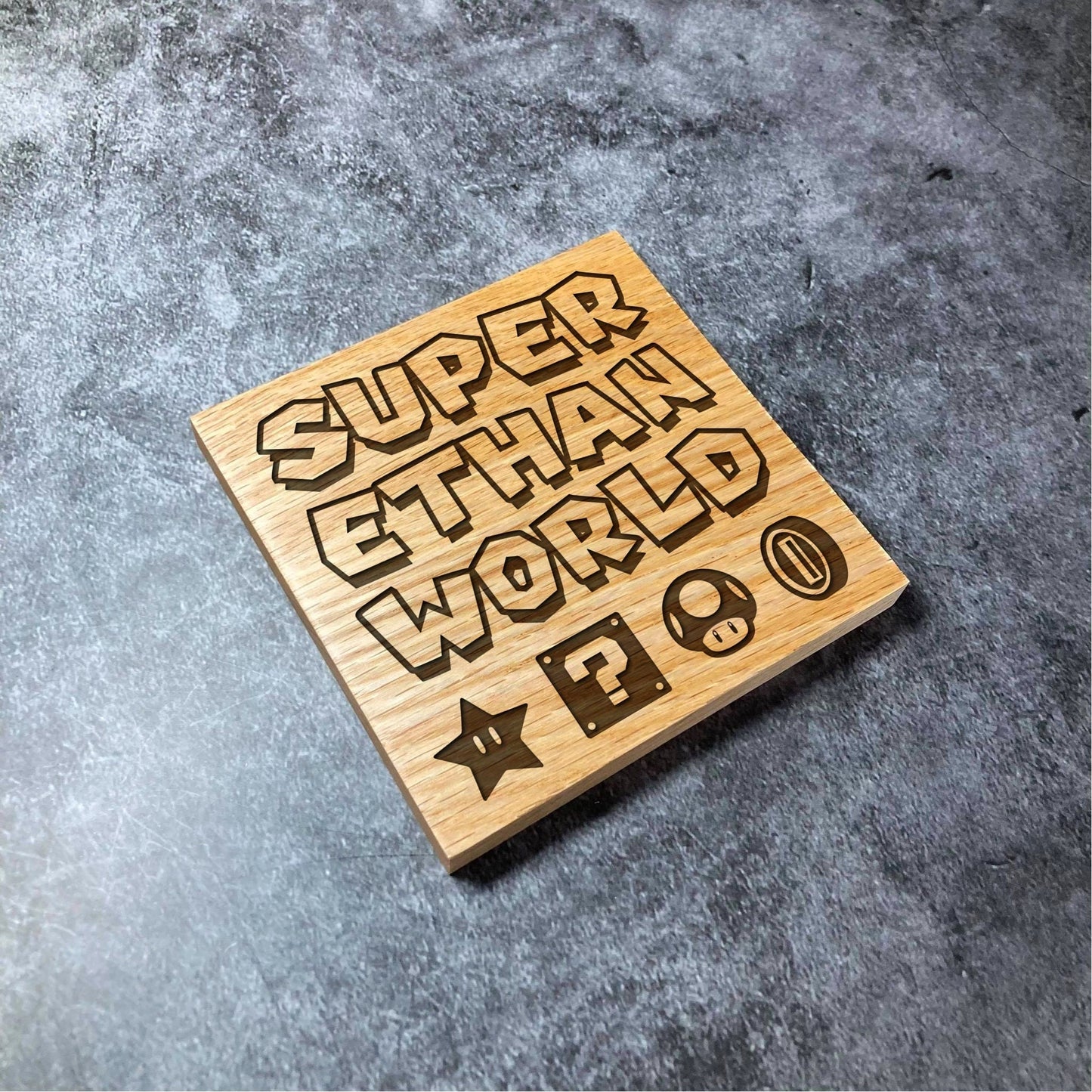 Custom Super Mario Coaster - YOUR NAME - Deluxe Varnished Oak Wood - Personalised Super Mario World Laser Engraved Square Wood Coasters