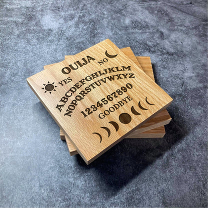 Ouija Board Coaster - Deluxe Varnished Oak Wood - Spirit Board Sun Moon Occult Gothic Laser Engraved Square Wood Coasters