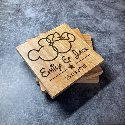 Custom Disney Anniversary Coaster - Personalised Names & Date - Deluxe Varnished Oak Wood - Laser Engraved Mickey and Minnie Square Coasters