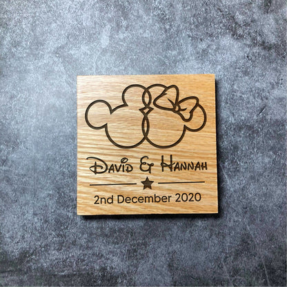 Custom Disney Anniversary Coaster - Personalised Names & Date - Deluxe Varnished Oak Wood - Laser Engraved Mickey and Minnie Square Coasters