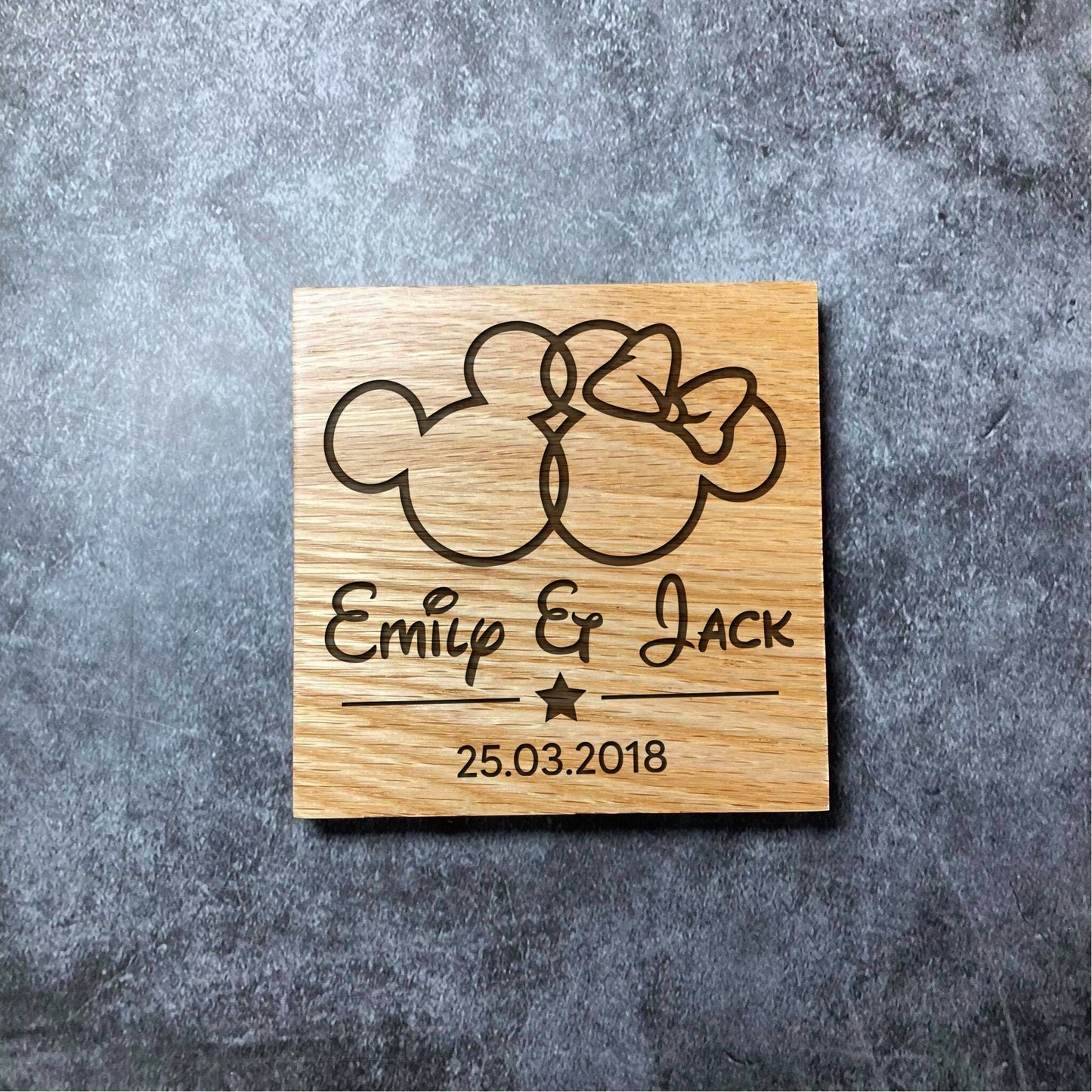 Custom Disney Anniversary Coaster - Personalised Names & Date - Deluxe Varnished Oak Wood - Laser Engraved Mickey and Minnie Square Coasters