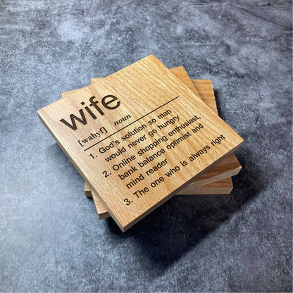 Wife Definition Coaster - Deluxe Varnished Oak Wood - Funny Dictionary Word Meaning - Laser Engraved Square Wood Coasters - Home Decor