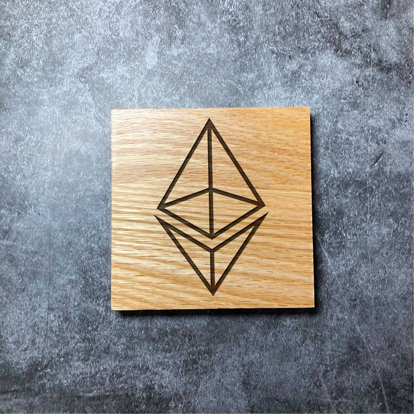 Ethereum ETH Icon Coaster - Deluxe Varnished Oak Wood - Laser Engraved Crypto Cryptocurrency Blockchain Logo Square Wood Coasters