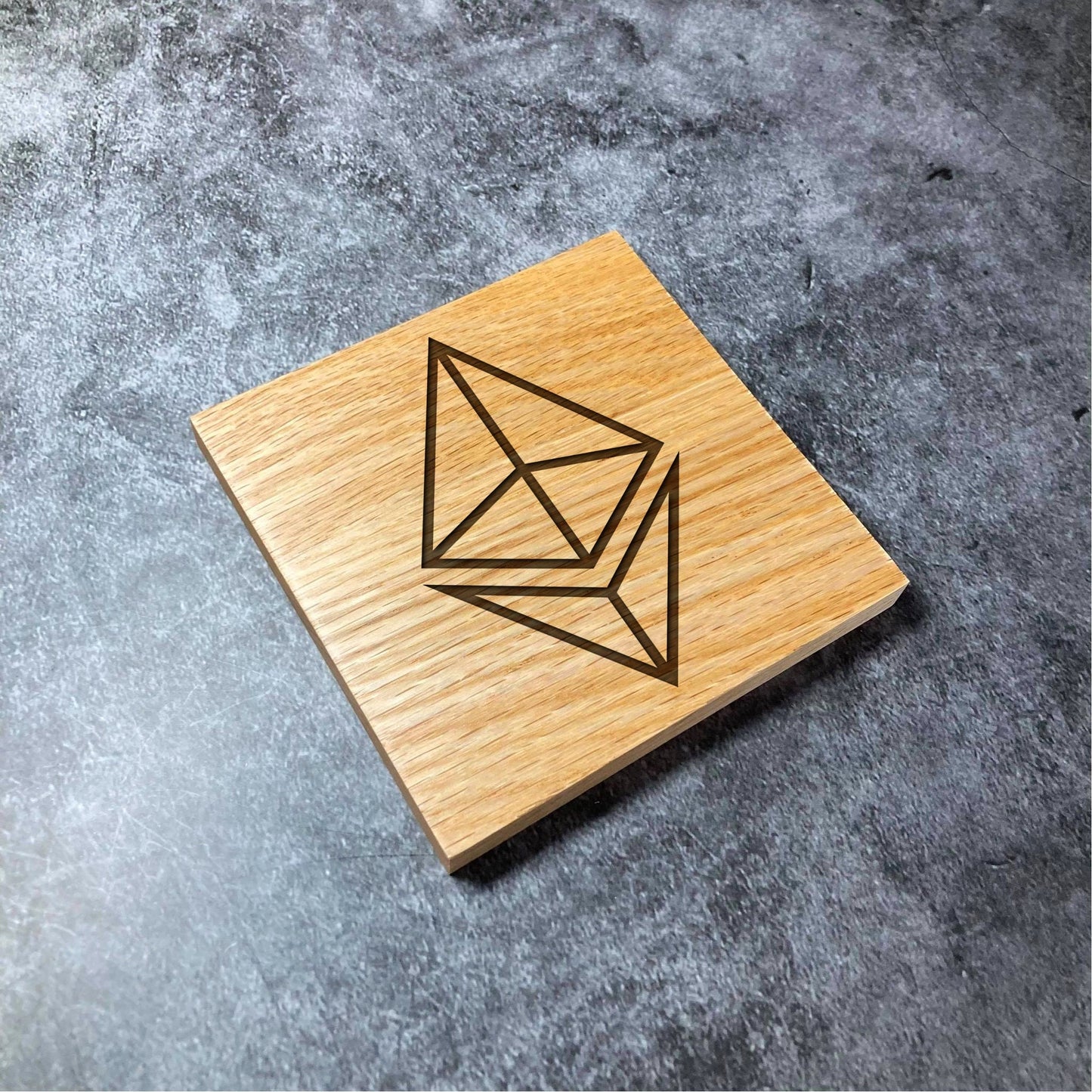 Ethereum ETH Icon Coaster - Deluxe Varnished Oak Wood - Laser Engraved Crypto Cryptocurrency Blockchain Logo Square Wood Coasters