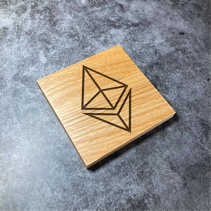 Ethereum ETH Icon Coaster - Deluxe Varnished Oak Wood - Laser Engraved Crypto Cryptocurrency Blockchain Logo Square Wood Coasters