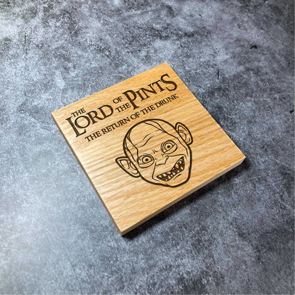 Lord of the Pints Gollum Coaster - Lord of The Rings LOTR - Deluxe Varnished Oak Wood - Laser Engraved Square Wood Coasters