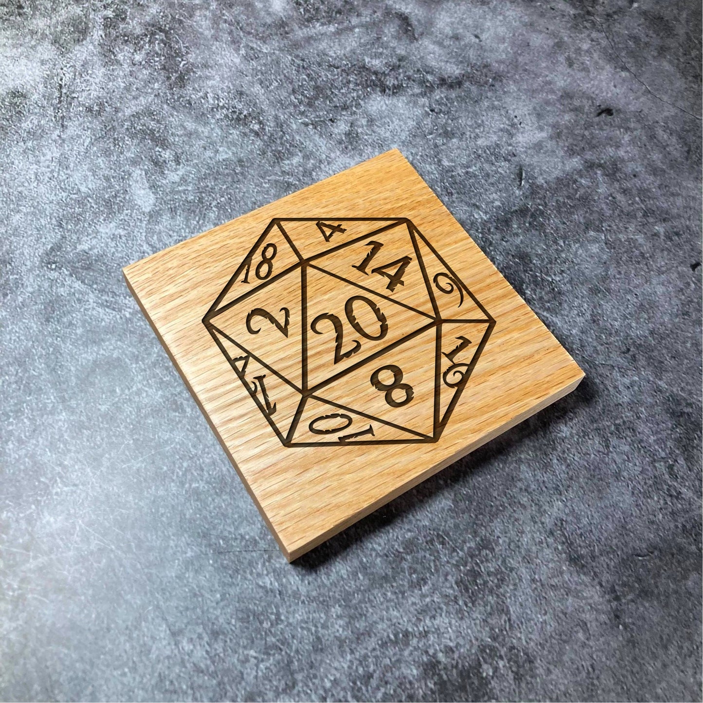 Dungeons and Dragons D20 Coaster - D&D DnD Dice - Deluxe Varnished Oak Wood -  Laser Engraved Square Wood Coasters