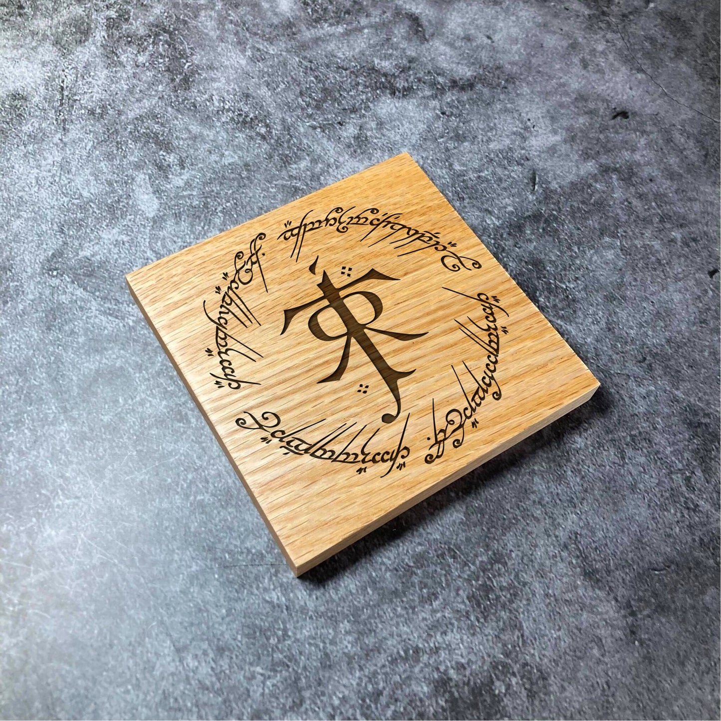 Lord of the Rings Coaster - Tolkien Elvish Initials LOTR - Deluxe Varnished Oak Wood - Personalised Laser Engraved Square Wood Coasters