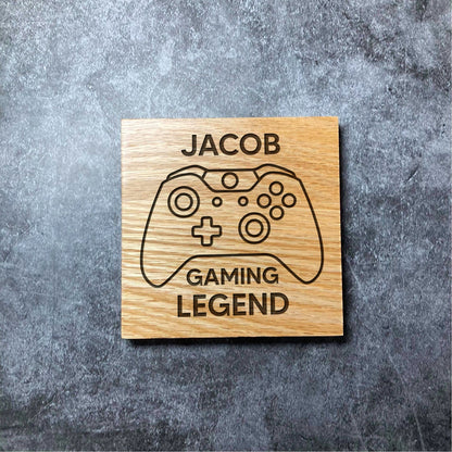 Custom Gaming Legend Coaster - ANY NAME Gamer - Deluxe Varnished Oak Wood - Personalised Laser Engraved Square Wood Coasters