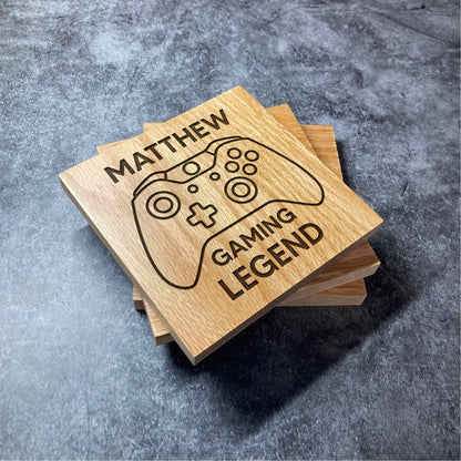 Custom Gaming Legend Coaster - ANY NAME Gamer - Deluxe Varnished Oak Wood - Personalised Laser Engraved Square Wood Coasters