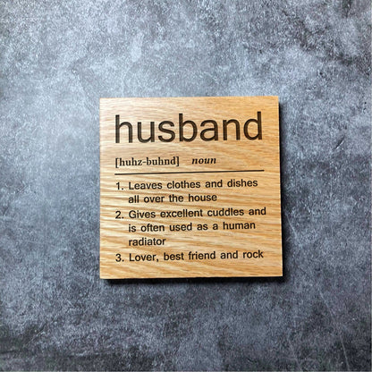 Husband Definition Coaster - Deluxe Varnished Oak Wood - Funny Dictionary Word Meaning - Laser Engraved Square Wood Coasters - Home Decor