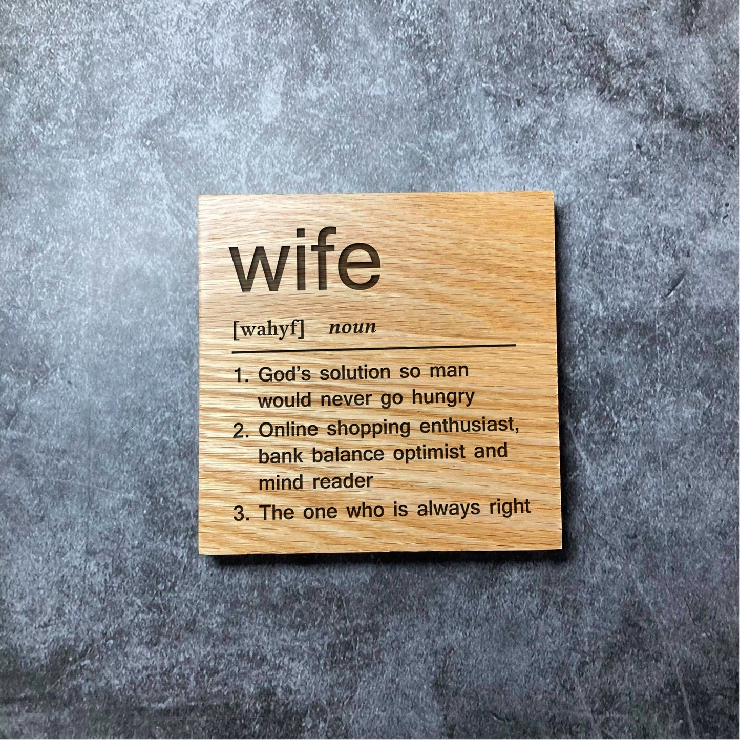 Wife Definition Coaster - Deluxe Varnished Oak Wood - Funny Dictionary Word Meaning - Laser Engraved Square Wood Coasters - Home Decor