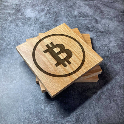 Bitcoin BTC Icon Coaster - Deluxe Varnished Oak Wood - Laser Engraved Crypto Cryptocurrency Blockchain Logo Square Wood Coasters