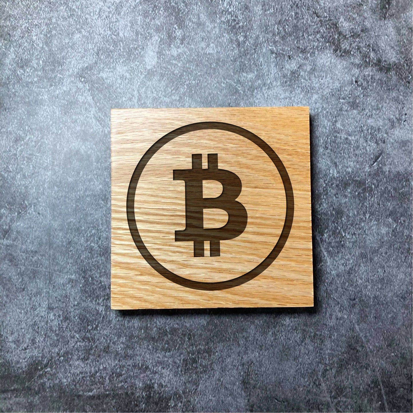 Bitcoin BTC Icon Coaster - Deluxe Varnished Oak Wood - Laser Engraved Crypto Cryptocurrency Blockchain Logo Square Wood Coasters