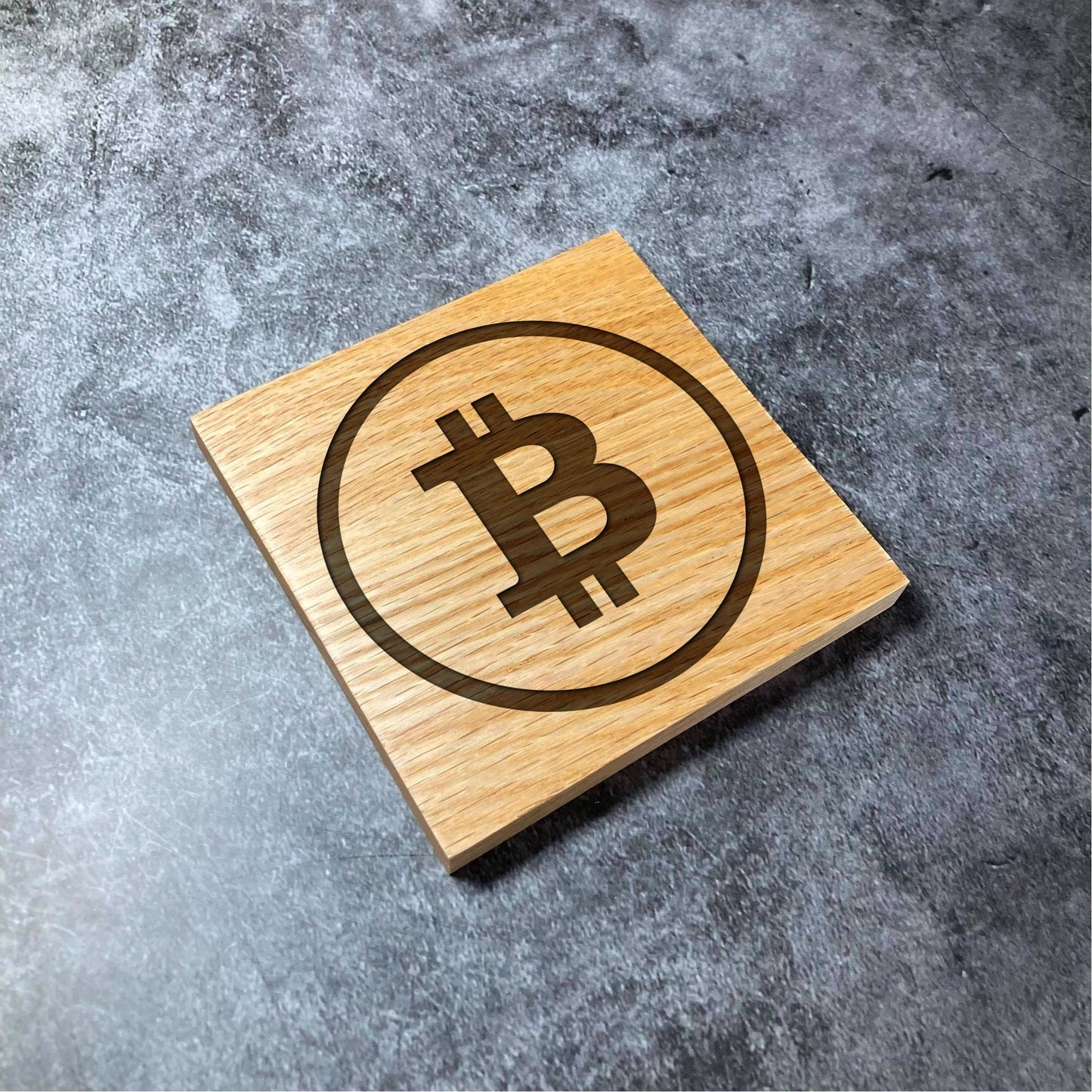 Bitcoin BTC Icon Coaster - Deluxe Varnished Oak Wood - Laser Engraved Crypto Cryptocurrency Blockchain Logo Square Wood Coasters