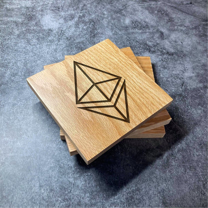 Ethereum ETH Icon Coaster - Deluxe Varnished Oak Wood - Laser Engraved Crypto Cryptocurrency Blockchain Logo Square Wood Coasters