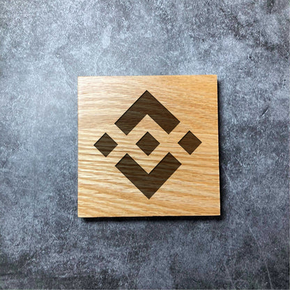 Binance Coin BNB Icon Coaster - Deluxe Varnished Oak Wood - Laser Engraved Crypto Cryptocurrency Blockchain Logo Square Wood Coasters