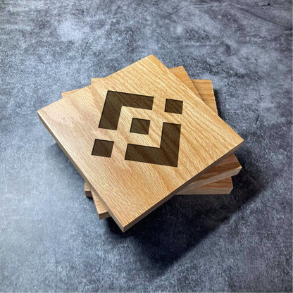 Binance Coin BNB Icon Coaster - Deluxe Varnished Oak Wood - Laser Engraved Crypto Cryptocurrency Blockchain Logo Square Wood Coasters