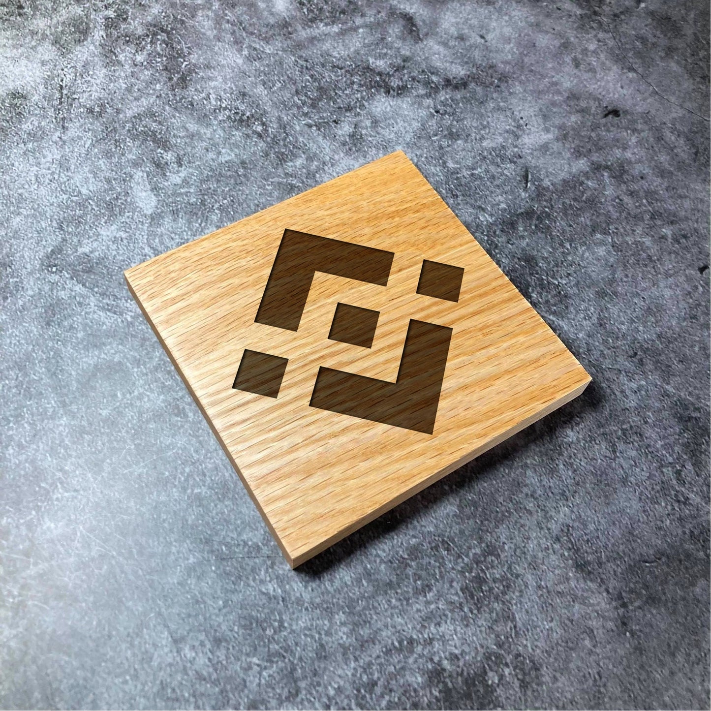 Binance Coin BNB Icon Coaster - Deluxe Varnished Oak Wood - Laser Engraved Crypto Cryptocurrency Blockchain Logo Square Wood Coasters