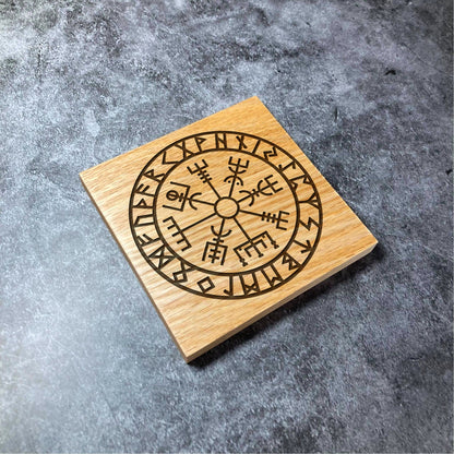 Viking Compass Coaster - Vikings Ancient Design - Deluxe Varnished Oak Wood - Personalised Laser Engraved Square Wood Coasters