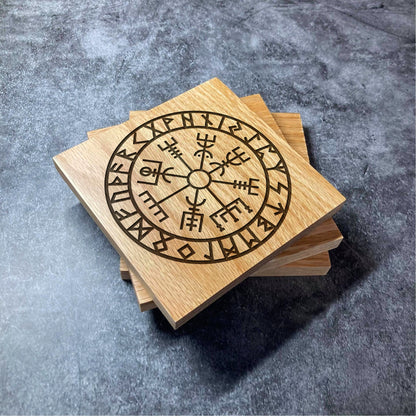 Viking Compass Coaster - Vikings Ancient Design - Deluxe Varnished Oak Wood - Personalised Laser Engraved Square Wood Coasters