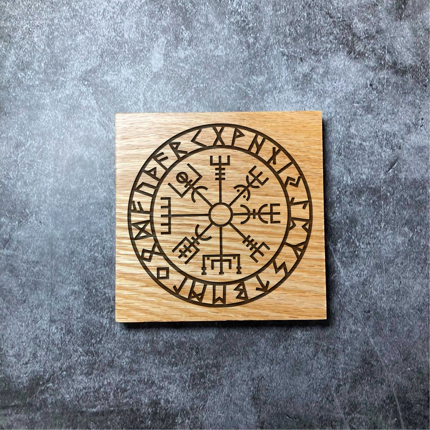 Viking Compass Coaster - Vikings Ancient Design - Deluxe Varnished Oak Wood - Personalised Laser Engraved Square Wood Coasters