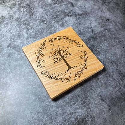 Lord of the Rings Coaster - Tree of Gondor LOTR - Deluxe Varnished Oak Wood - Personalised Laser Engraved Square Wood Coasters