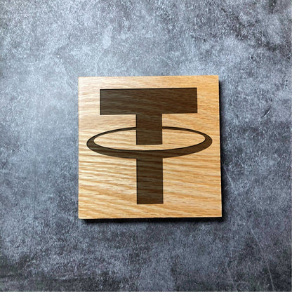 Tether USDT Icon Coaster - Deluxe Varnished Oak Wood - Laser Engraved Crypto Cryptocurrency Blockchain Logo Square Wood Coasters