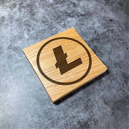 Litecoin LTC Icon Coaster - Deluxe Varnished Oak Wood - Laser Engraved Crypto Cryptocurrency Blockchain Logo Square Wood Coasters