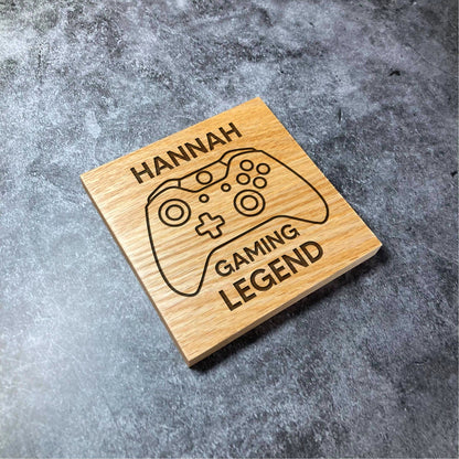 Custom Gaming Legend Coaster - ANY NAME Gamer - Deluxe Varnished Oak Wood - Personalised Laser Engraved Square Wood Coasters