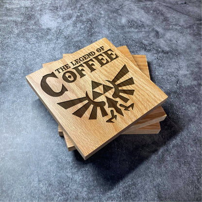 Zelda Legend of Coffee Coaster - The Legend Of Coffee - Deluxe Varnished Oak Wood - Laser Engraved Square Wood Coasters