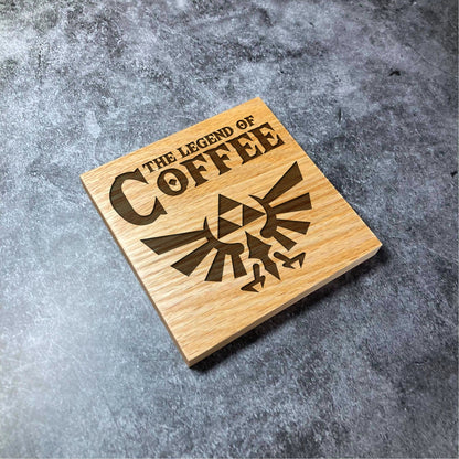 Zelda Legend of Coffee Coaster - The Legend Of Coffee - Deluxe Varnished Oak Wood - Laser Engraved Square Wood Coasters