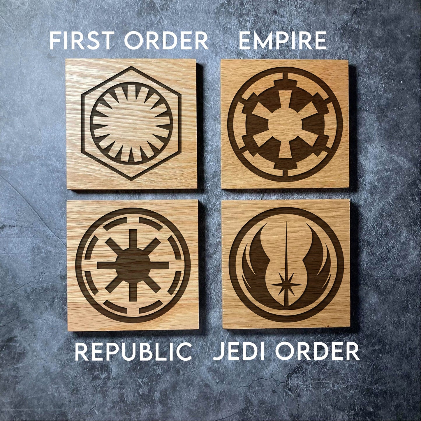 Star Wars Coasters - 16 Unique Designs - Deluxe Varnished Oak Wood Coaster - Laser Engraved Square Wooden Coasters