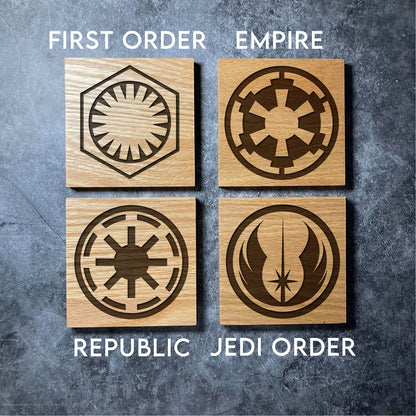 Star Wars Coasters - 16 Unique Designs - Deluxe Varnished Oak Wood Coaster - Laser Engraved Square Wooden Coasters