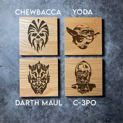 Star Wars Coasters - 16 Unique Designs - Deluxe Varnished Oak Wood Coaster - Laser Engraved Square Wooden Coasters