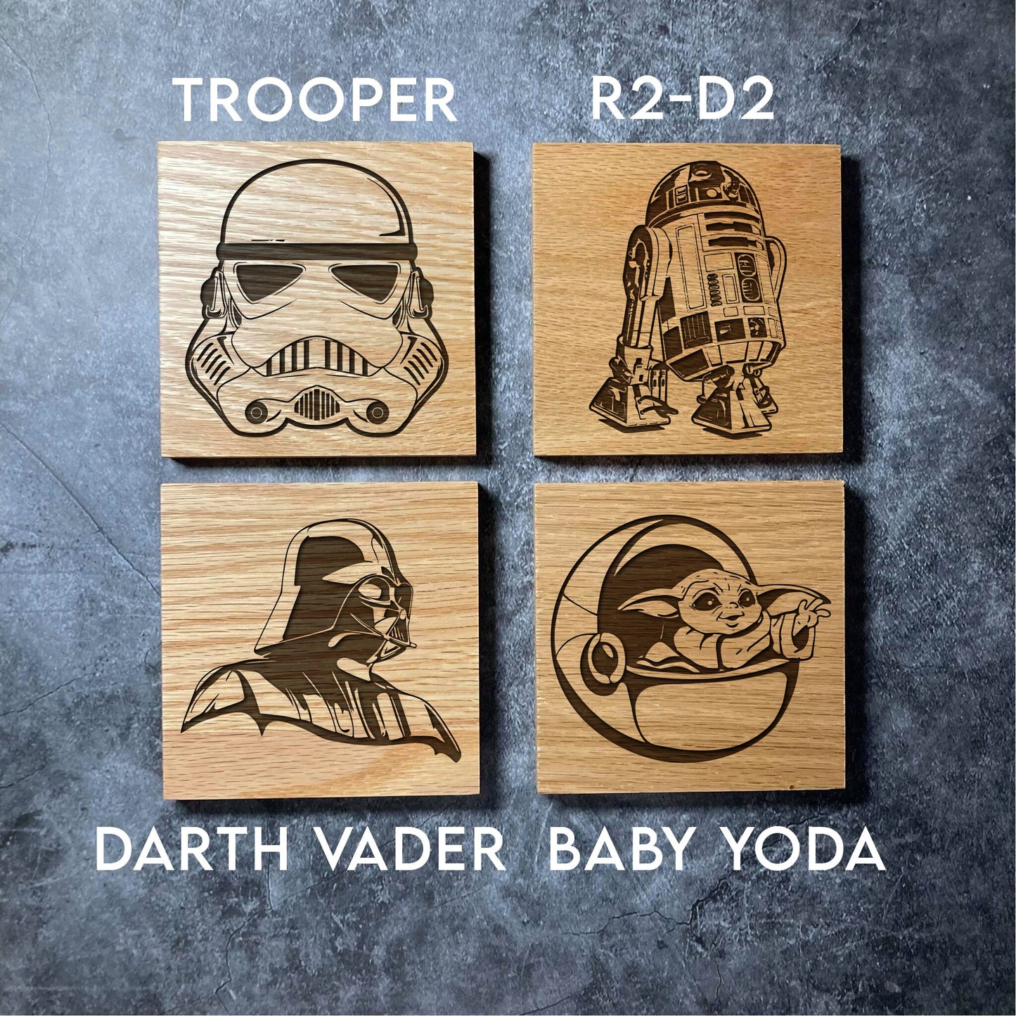 Star Wars Coasters - 16 Unique Designs - Deluxe Varnished Oak Wood Coaster - Laser Engraved Square Wooden Coasters