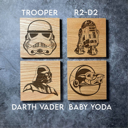 Star Wars Coasters - 16 Unique Designs - Deluxe Varnished Oak Wood Coaster - Laser Engraved Square Wooden Coasters