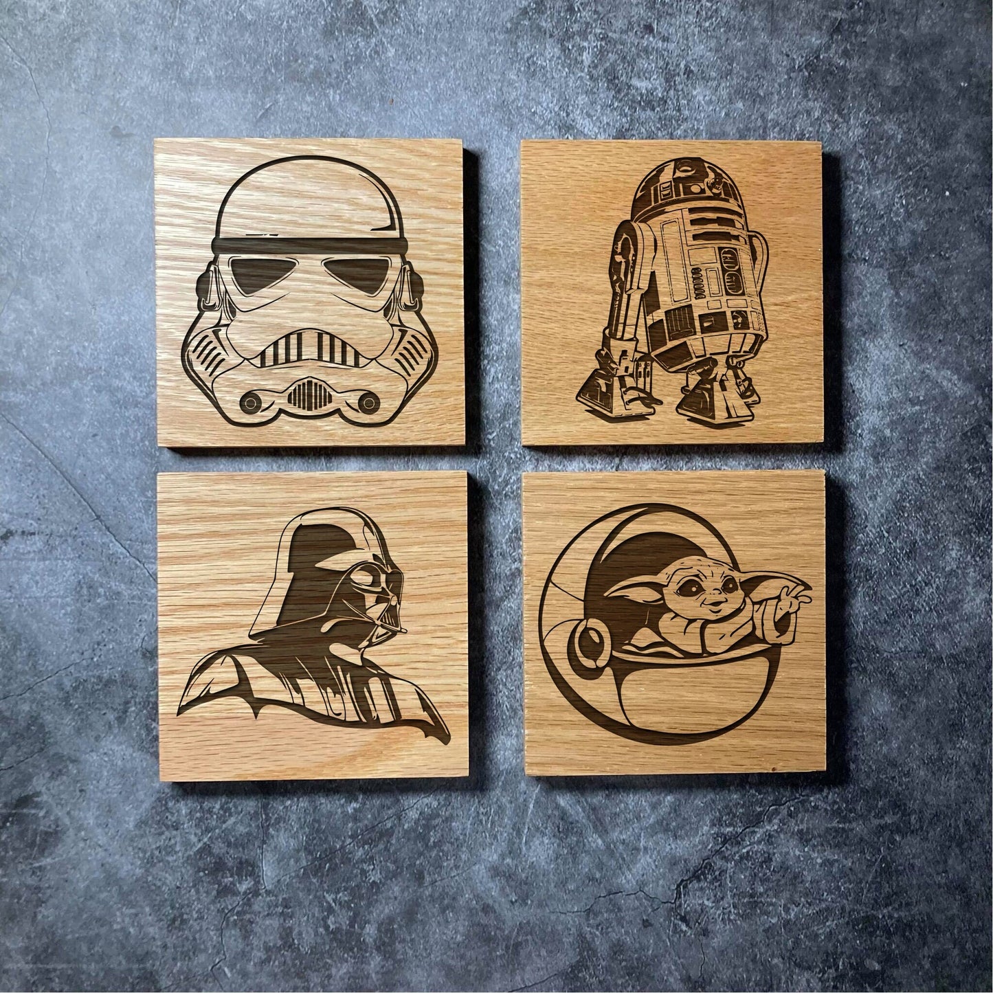 Star Wars Coasters - 16 Unique Designs - Deluxe Varnished Oak Wood Coaster - Laser Engraved Square Wooden Coasters