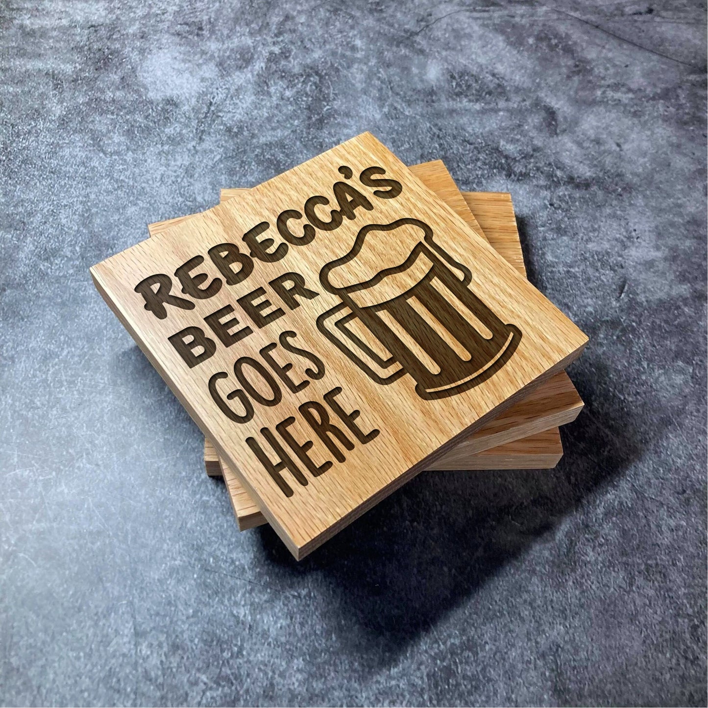 Custom Beer Goes Here Coaster - Deluxe Varnished Oak Wood - Name Pint Lager Alcohol - Personalised Laser Engraved Square Wood Coasters